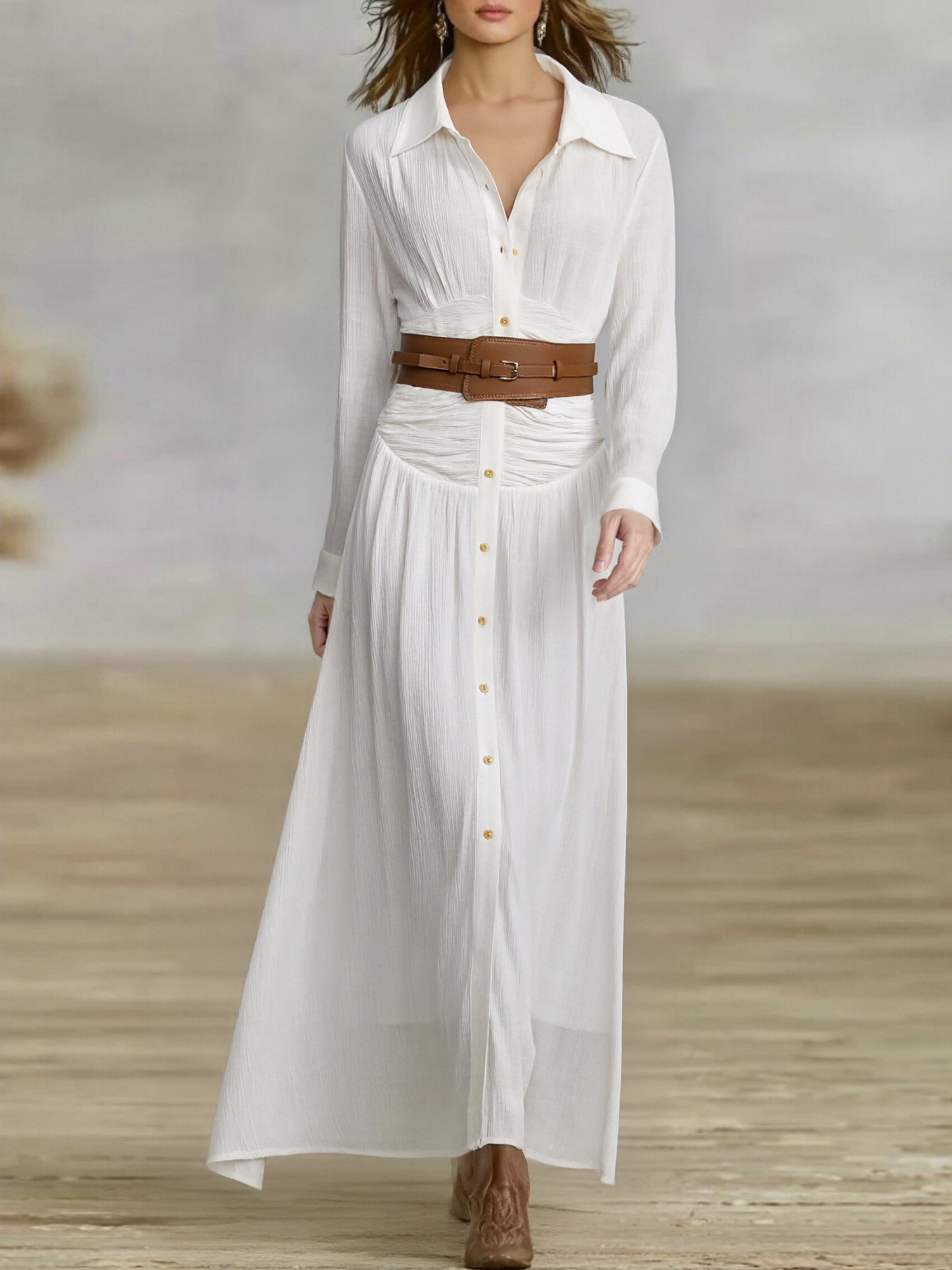 Robes maxi femmes en tissu imitation coton et lin avec poches et manches longues MDA1768I7Y