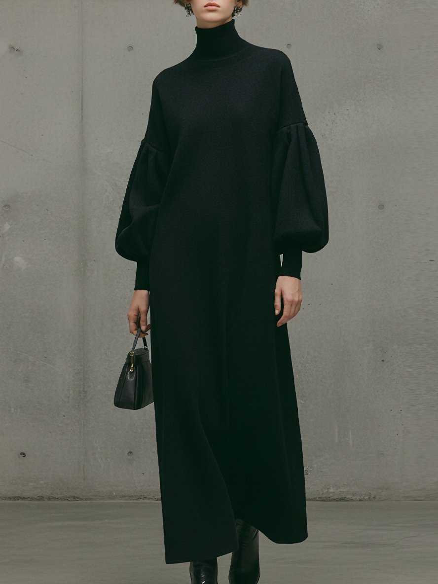 Robe maxi moderne pour femmes avec col roulé noir et manches bouffantes MDA1503L6AU