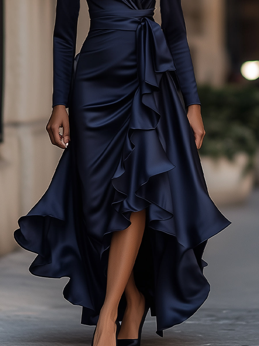 Luna - Robe longue en satin avec volants