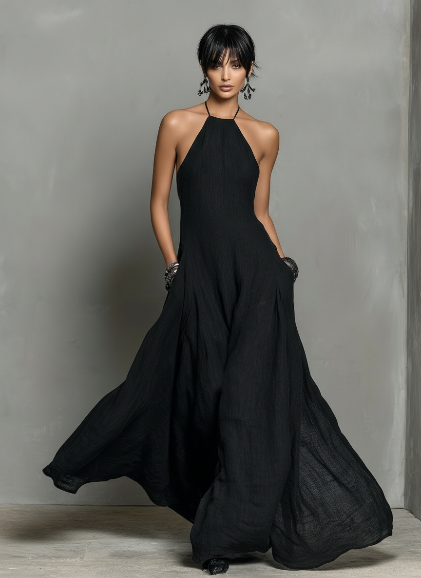 Robe maxi pour femmes au style minimaliste sans manches en mélange de lin MDZ2210A0Y