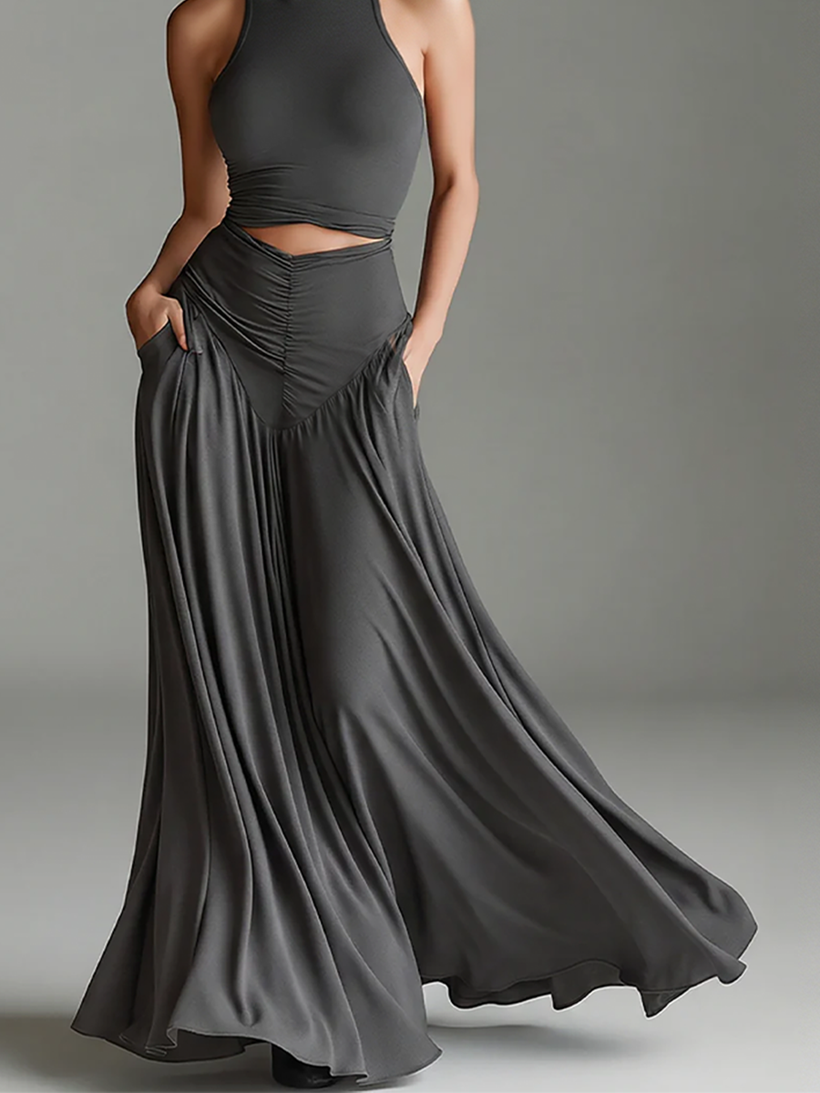 Robe femme gris foncé en tissu stretch avec col montant et taille cintrée, style minimaliste élégant intemporel MDZ0960B2I