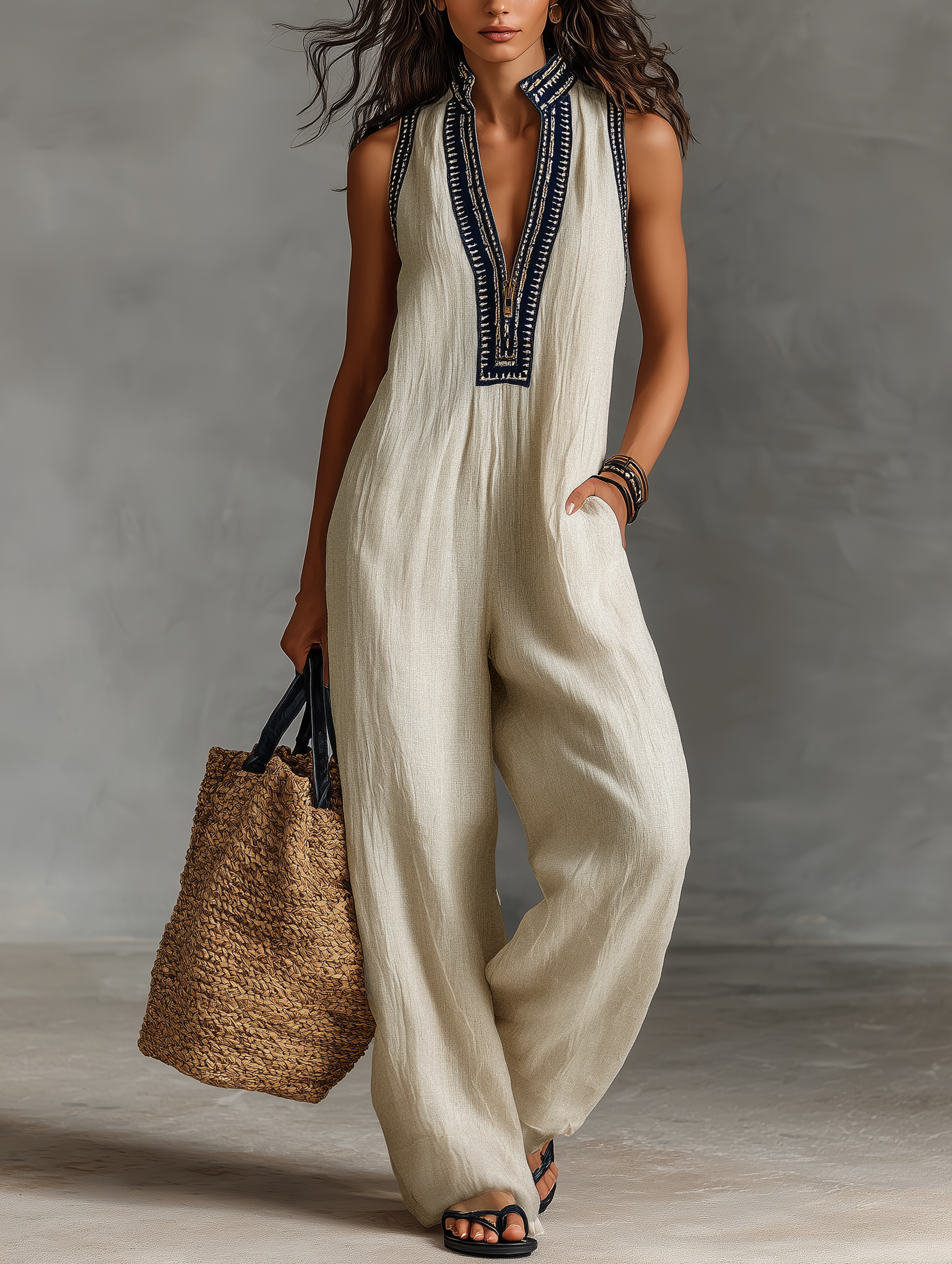 Ensemble en lin minimaliste pour femmes sans manches avec fermeture éclair et col résistant, avec broderie MDZ0627B3Y