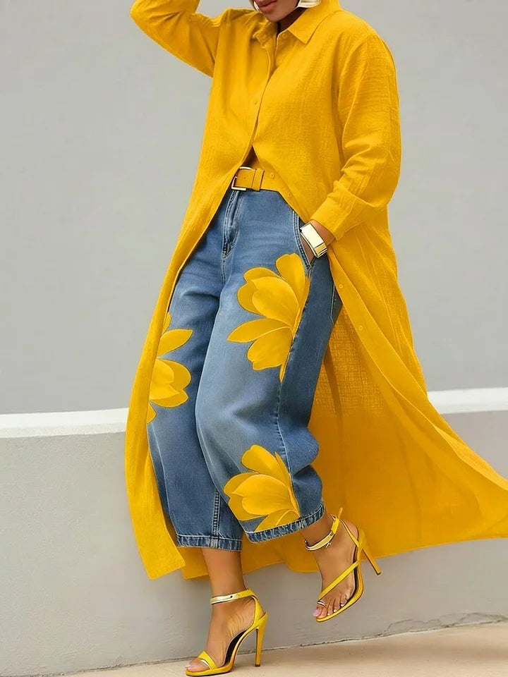 Très | Coordonnée de chemise longue et jeans fleuris