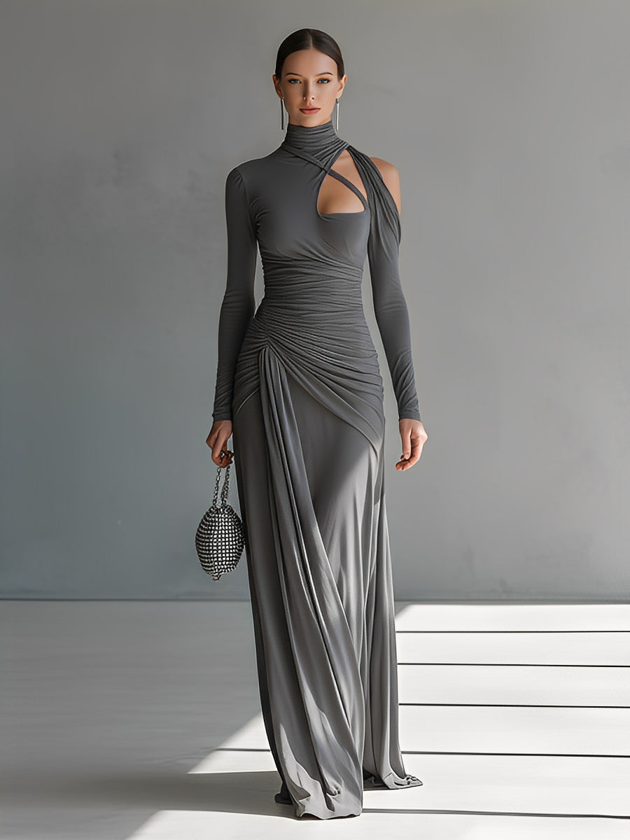 Robe maxi femme grise en soie stretch avec détails froissés et coupe MDA0546K6I