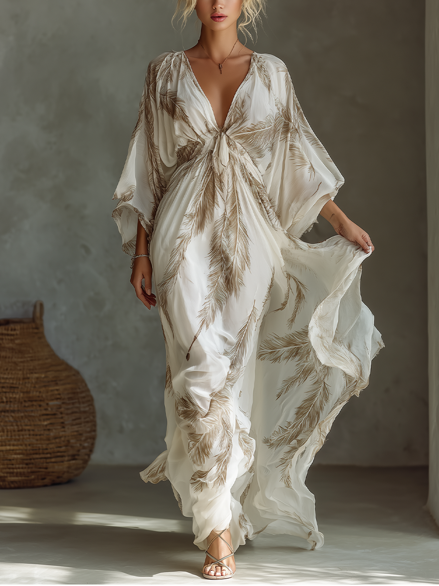 Robe maxi femme en ivoire et top avec manches dolman, devant enroulé et motif de feuilles de palmier MDZ0332B6T