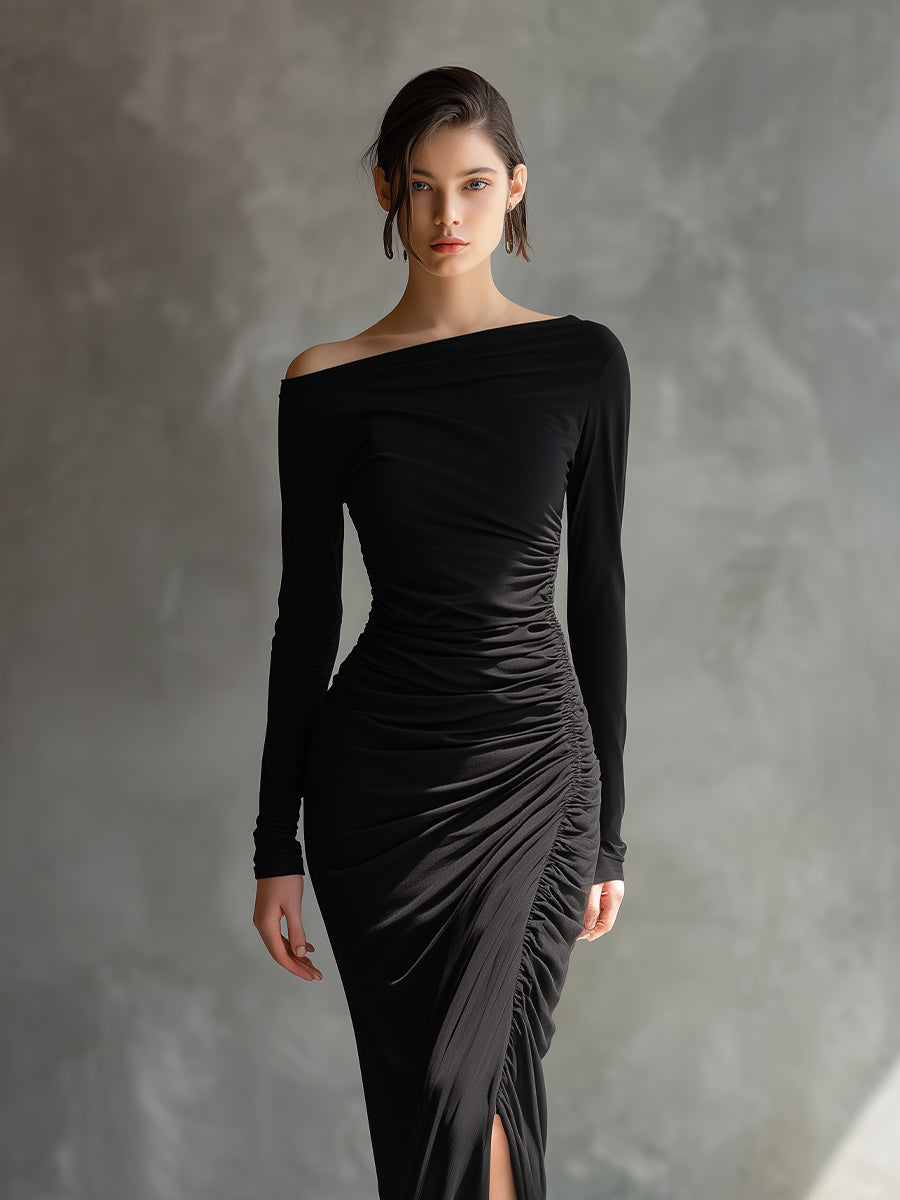 Robe maxi noire élégante pour femmes avec épaules dénudées et déchirures MDA2125H9I