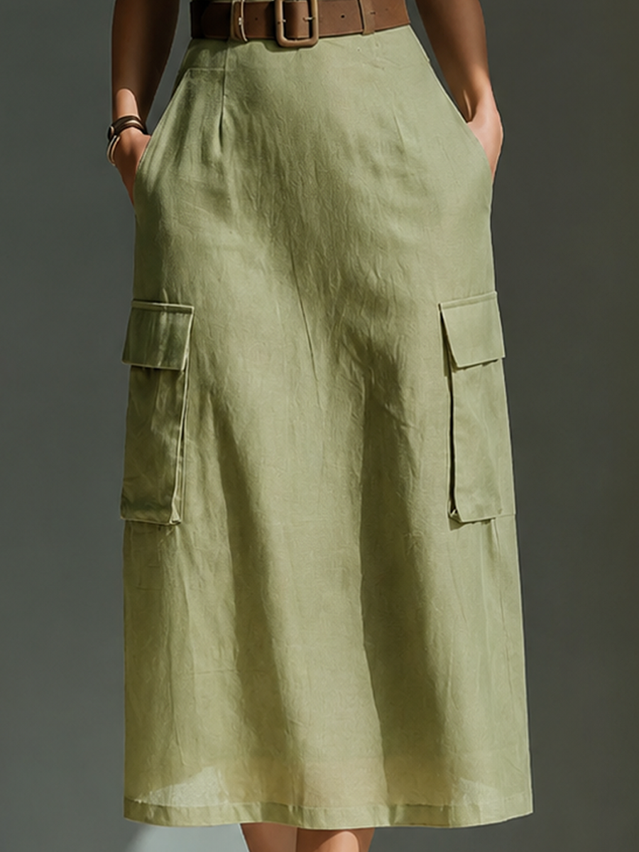 Robe mi-longue pour femmes en vert olive en lin sans manches avec poches cargo et taille avec ceinture MDZ2753A1T