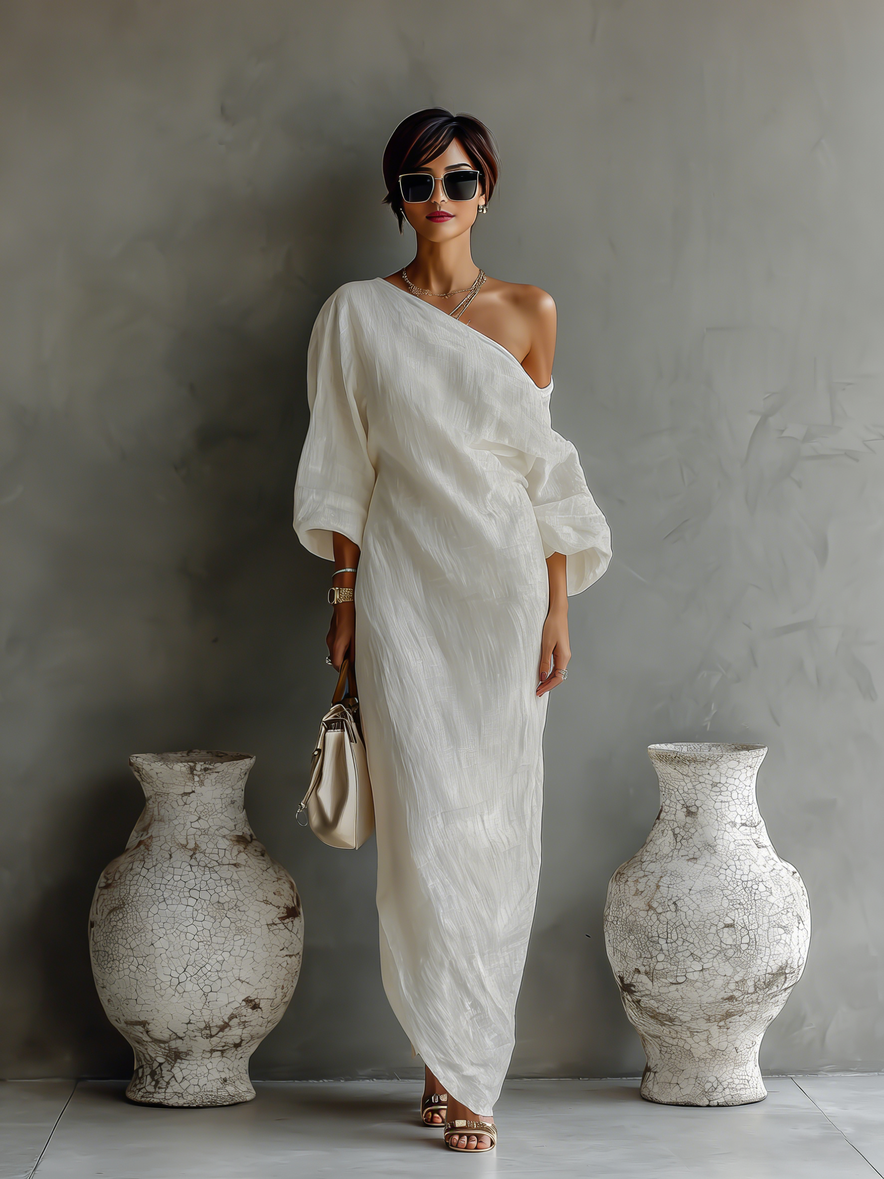 Robes femmes blanc éclatant en mélange de coton-lin avec une épaule