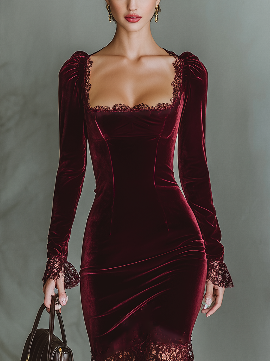 Robe maxi adaptée aux femmes en velours bordeaux MDA1190J4T