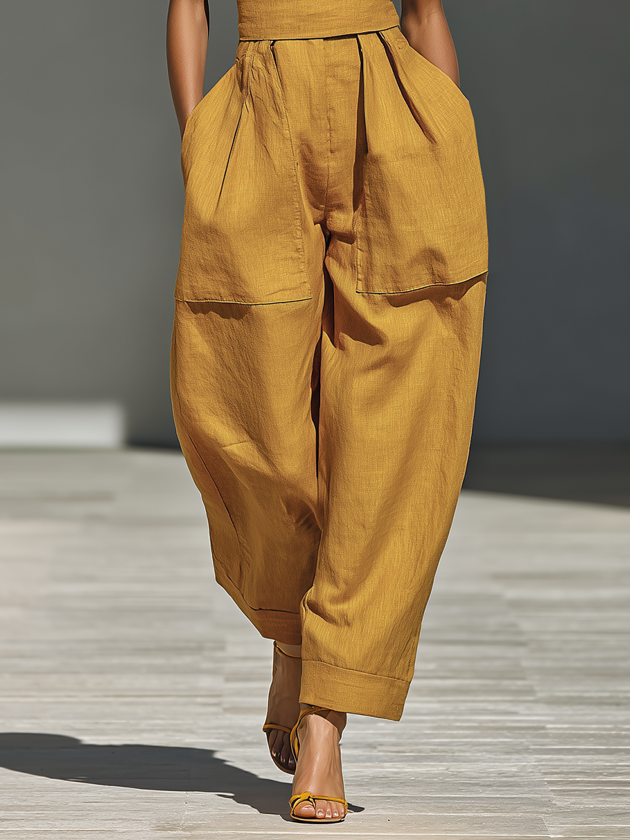 Ensemble femme couleur moutarde avec col croisé et pantalon ample MDZ2808B6T