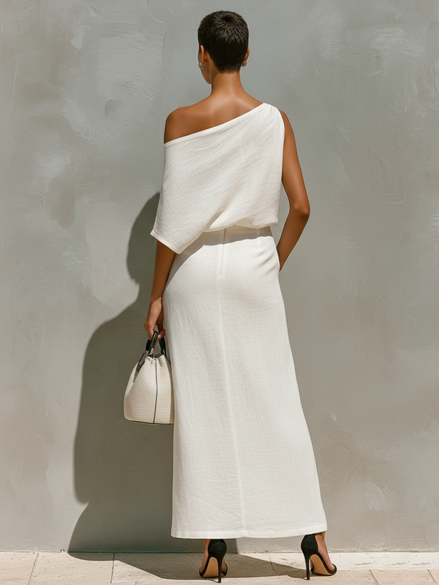Ensemble en lin blanc pour femmes avec détail d'épaule unique et fentes avant, ensemble minimaliste de vacances classique MDZ2796C6I