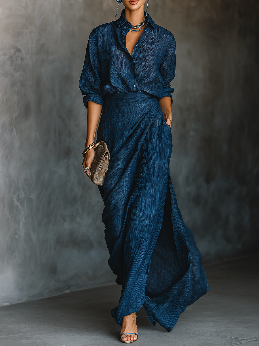 Ensemble jupe longue et blouse élégante en bleu marine en coton et lin