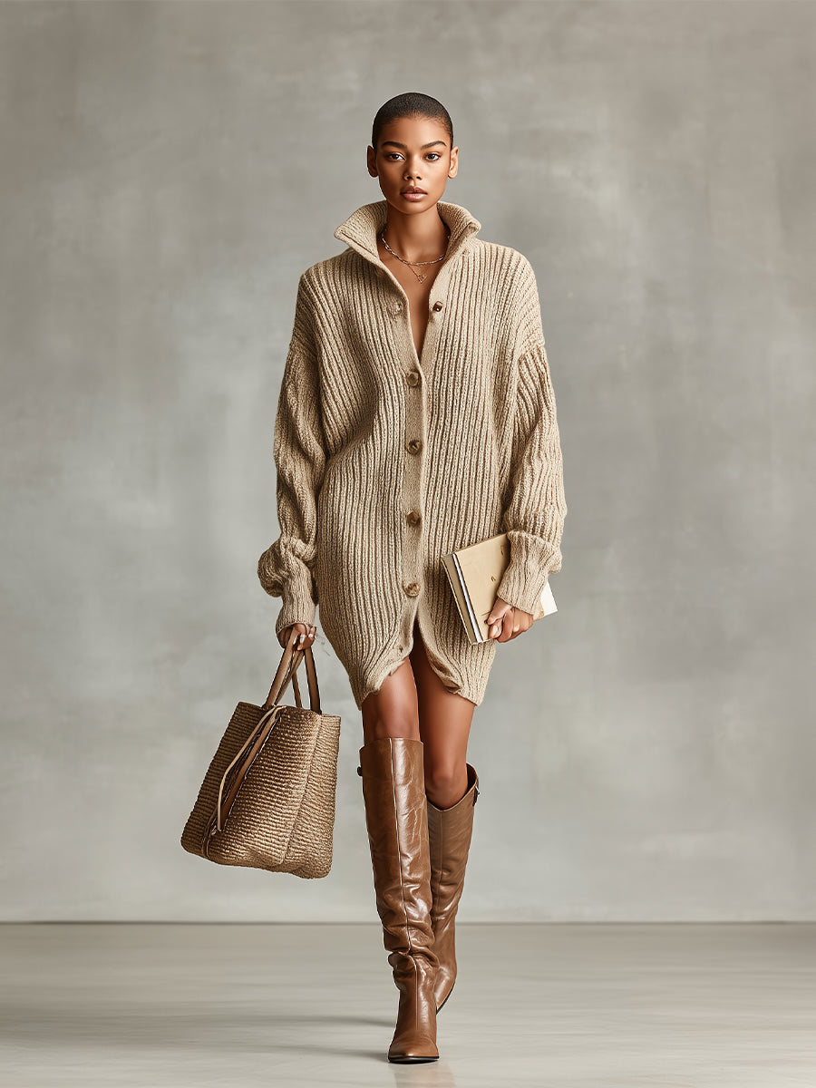 Robe cardigan mini avec boutons avant pour femmes - Couleur marron MDA1086J2I