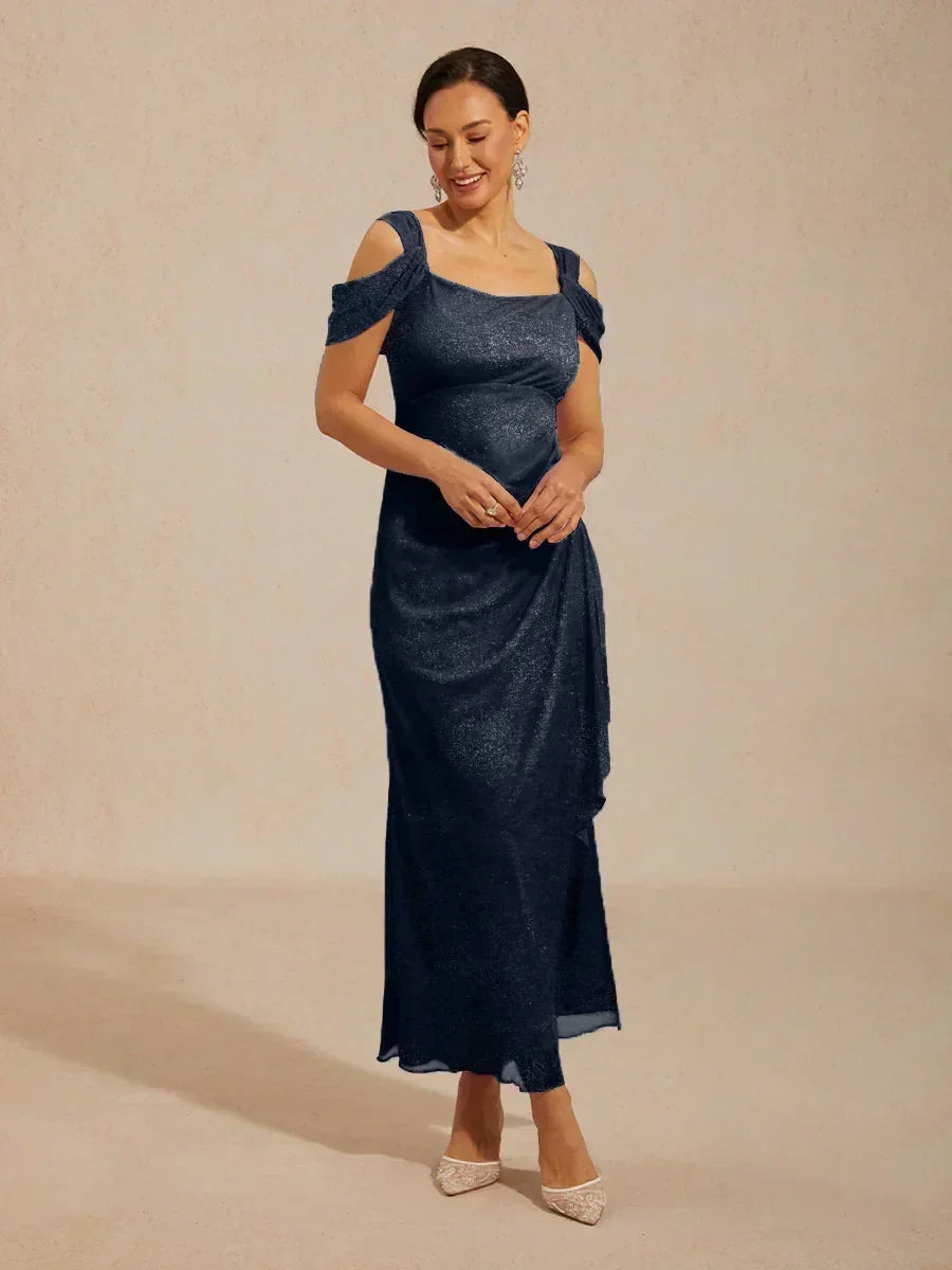 Robe en tulle scintillant à longueur cheville avec épaules dénudées
