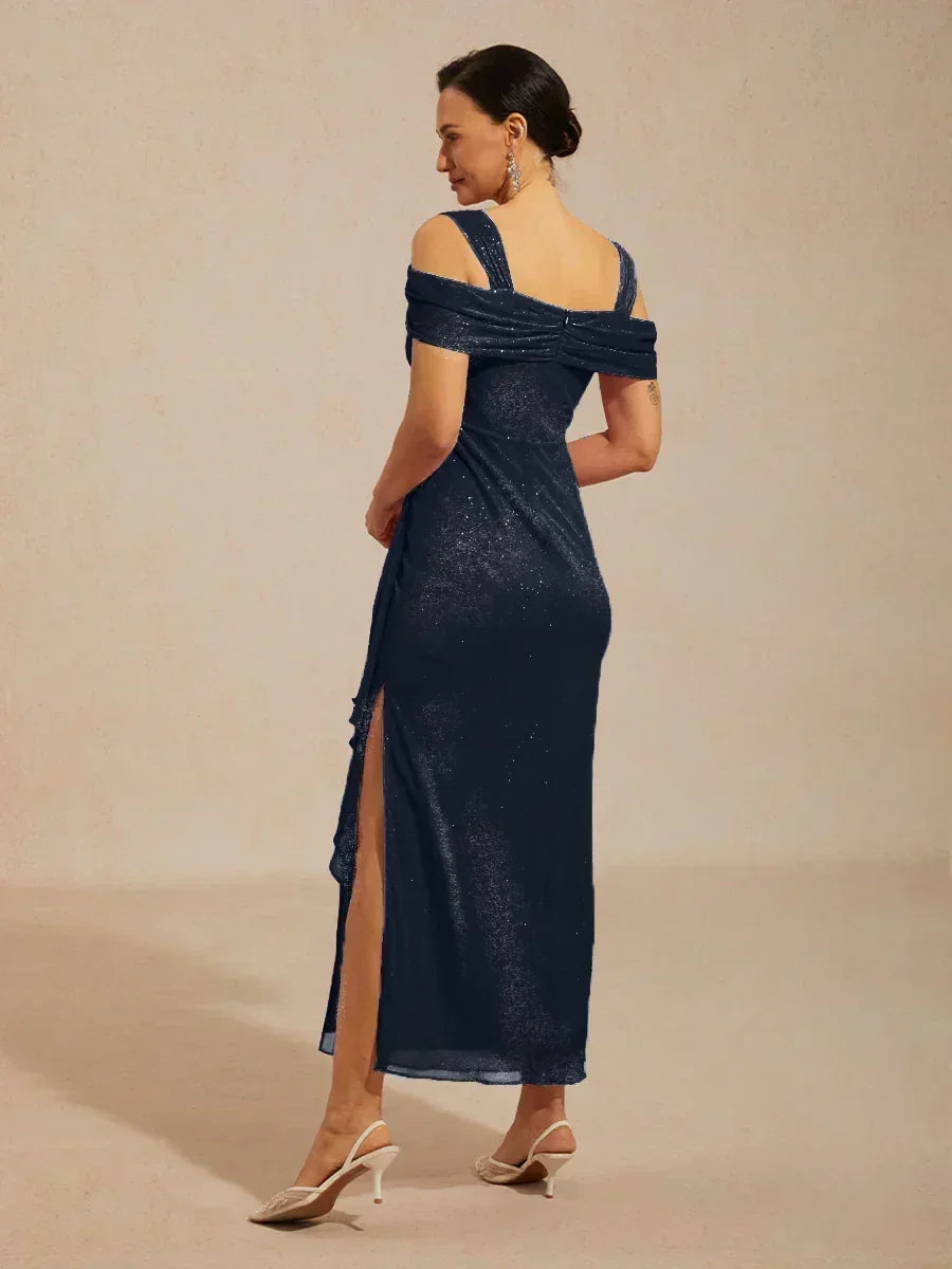 Robe en tulle scintillant à longueur cheville avec épaules dénudées