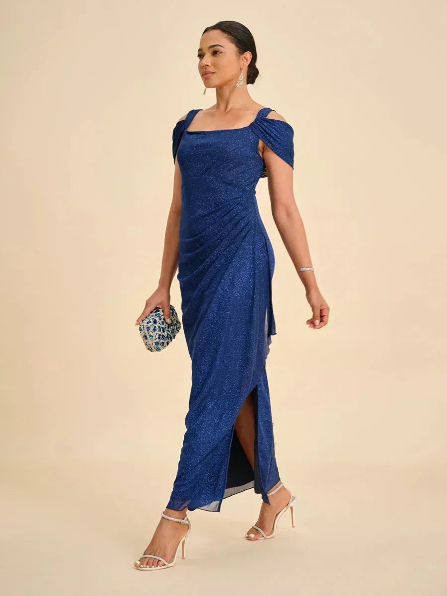 Robe en tulle scintillant à longueur cheville avec épaules dénudées