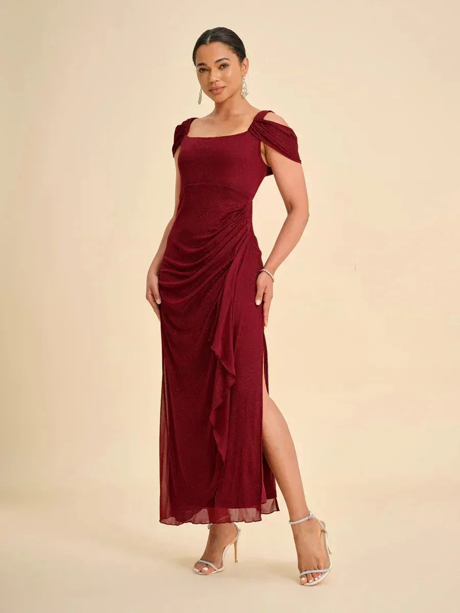 Robe en tulle scintillant à longueur cheville avec épaules dénudées
