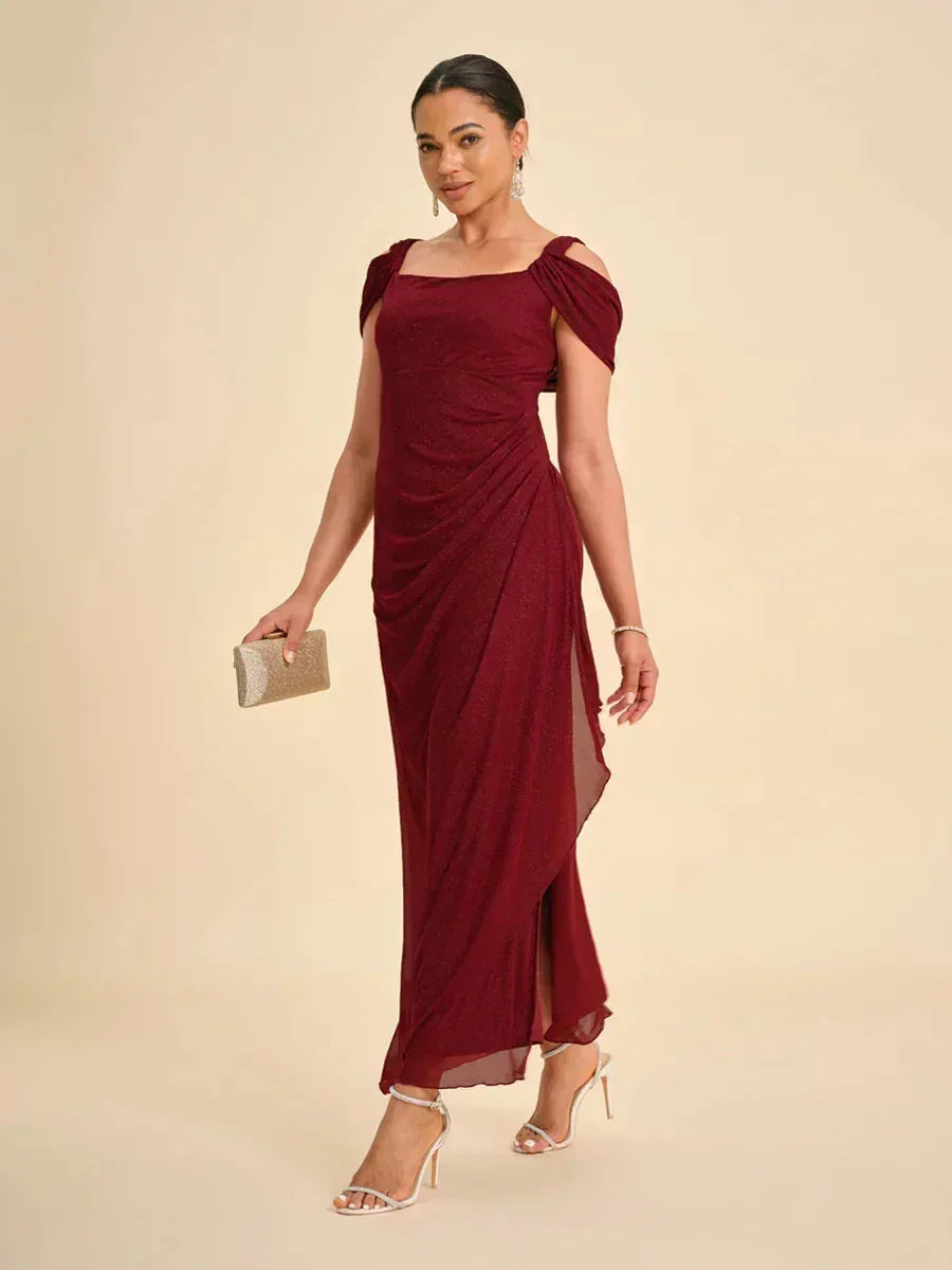 Robe en tulle scintillant à longueur cheville avec épaules dénudées