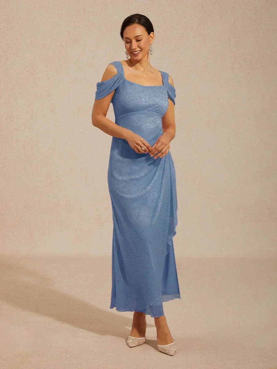 Robe en tulle scintillant à longueur cheville avec épaules dénudées