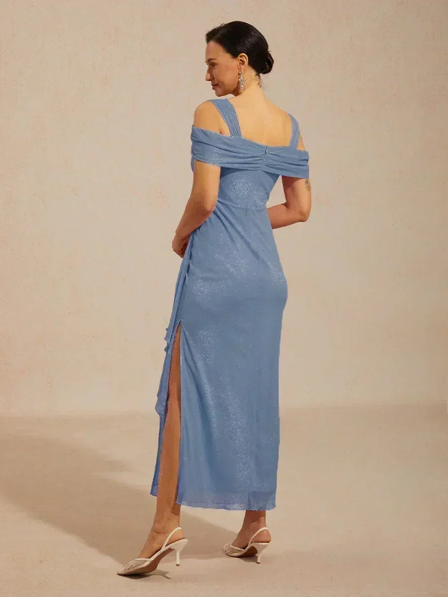 Robe en tulle scintillant à longueur cheville avec épaules dénudées