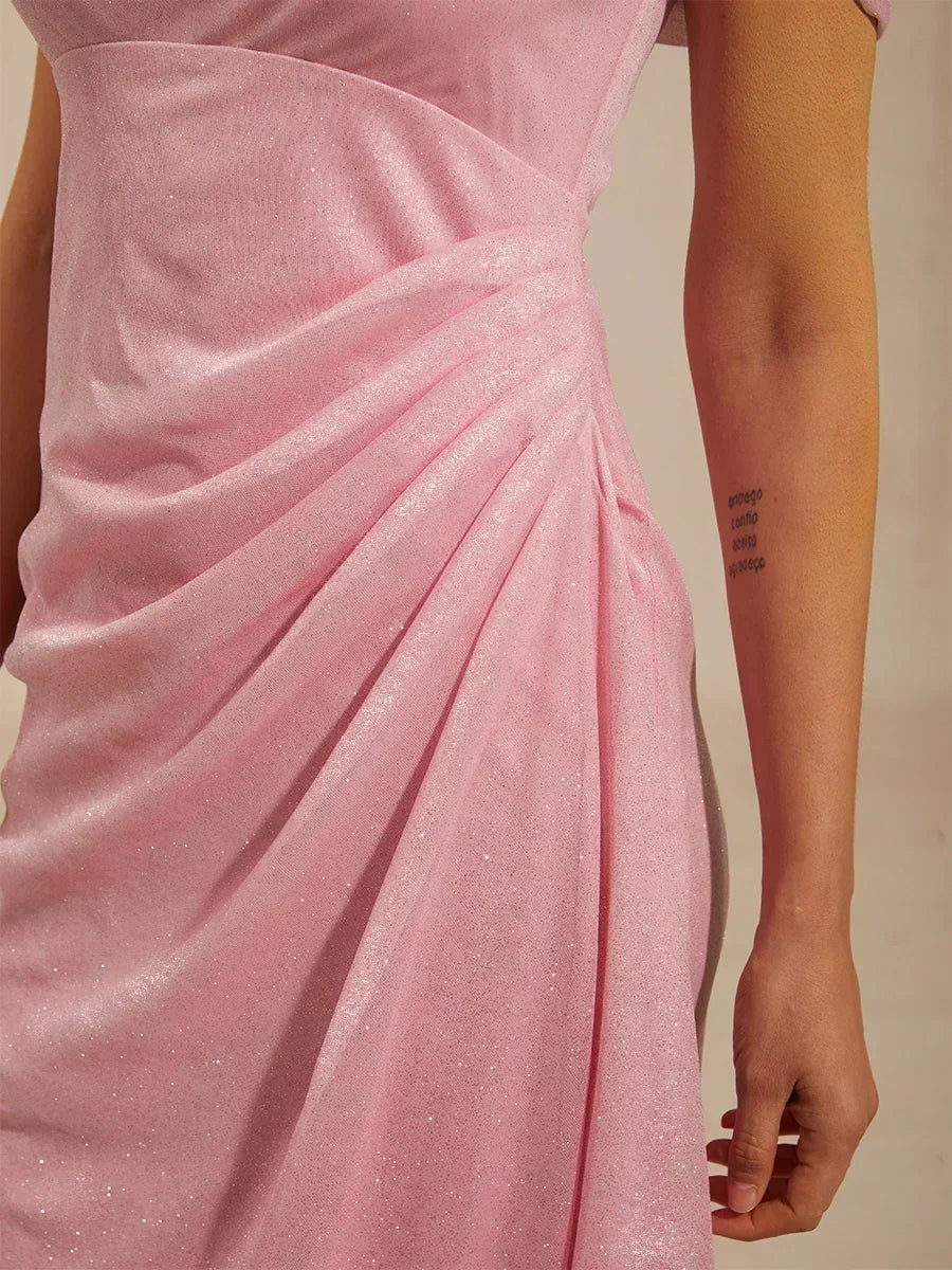 Robe en tulle scintillant à longueur cheville avec épaules dénudées