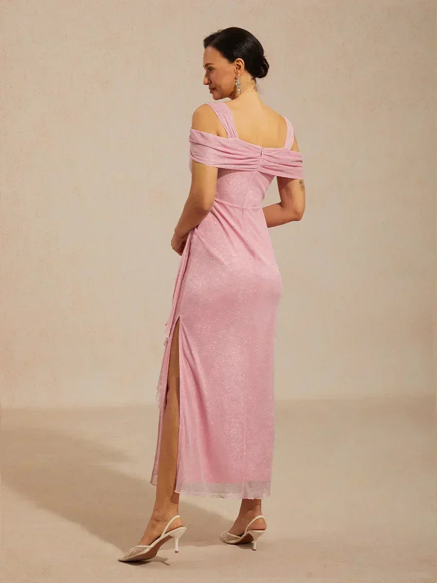Robe en tulle scintillant à longueur cheville avec épaules dénudées