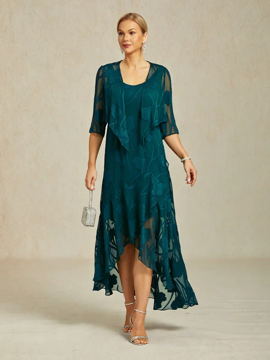 Robe de soirée sans manches en chiffon floral avec des bords asymétriques