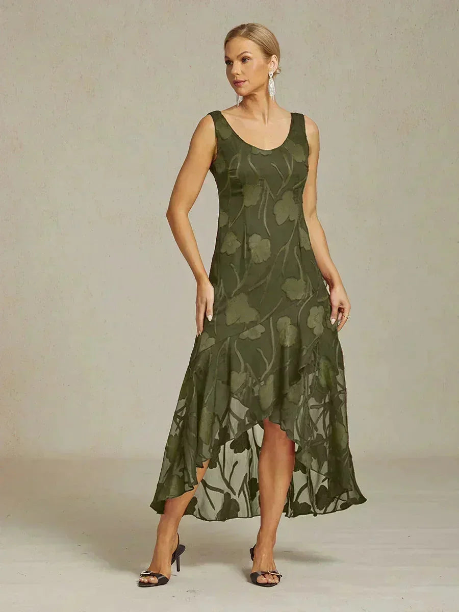 Robes de soirée sans manches en chiffon floral avec des bords asymétriques