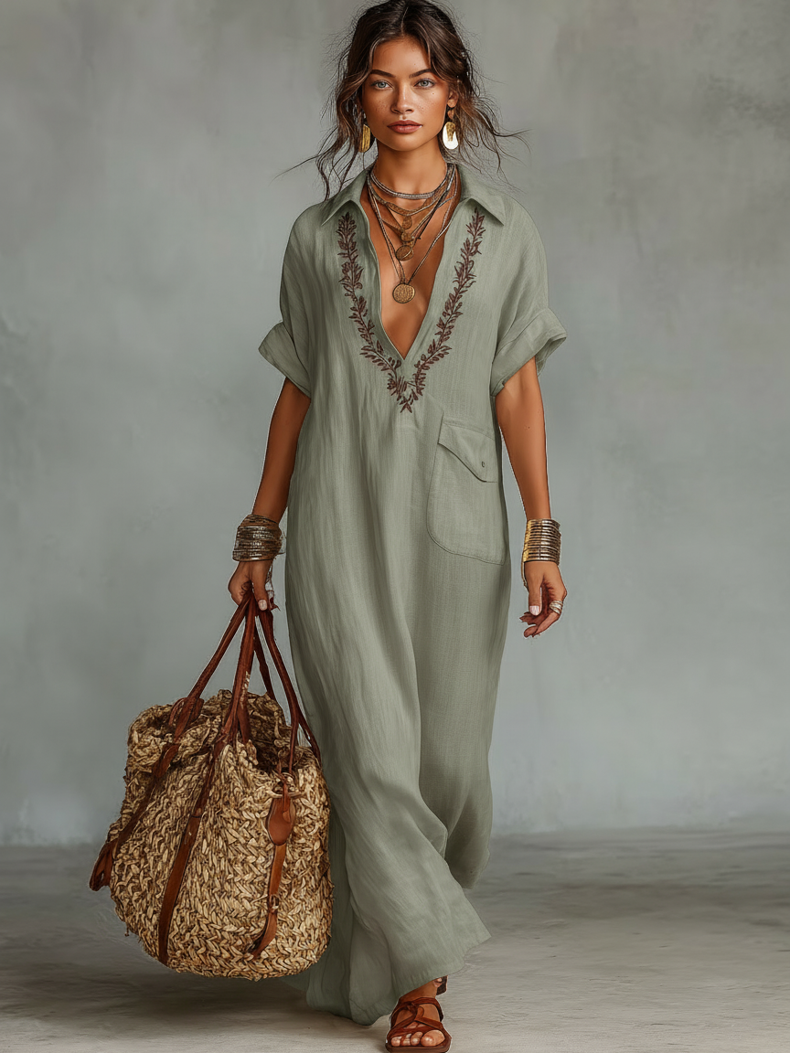 Robes maxi à manches courtes pour femmes au design minimaliste en tissu de lin combiné MDZ0600A1Y