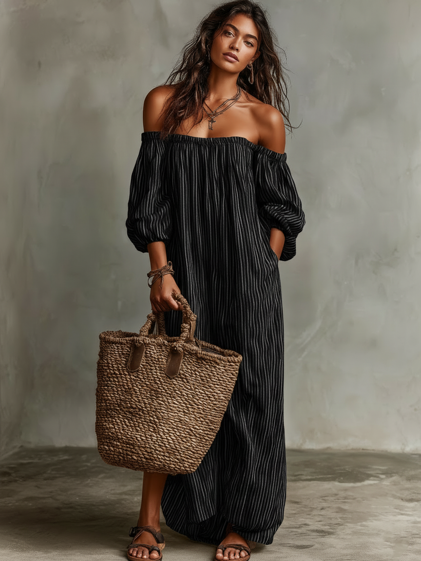 Robe maxi longue avec manches longues et épaule dénudée pour femmes en tissu coton-lin MDZ0481B5Y