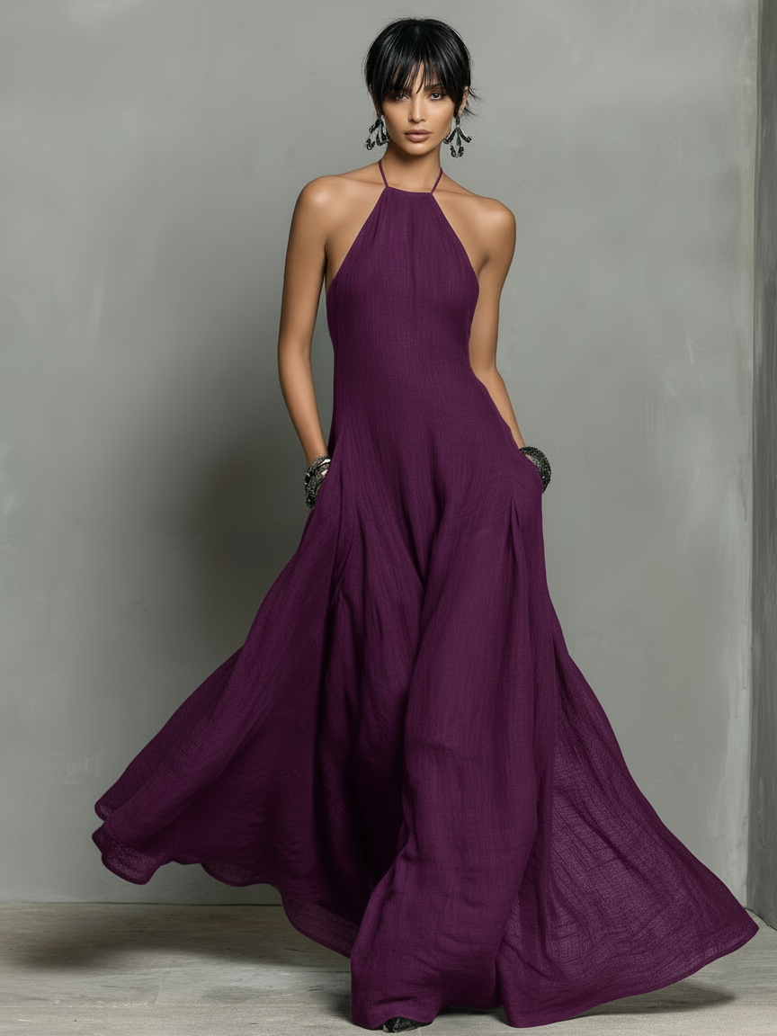 Robe maxi sans manches avec col halter en mélange de lycra pour femmes MDZ2210A0Y