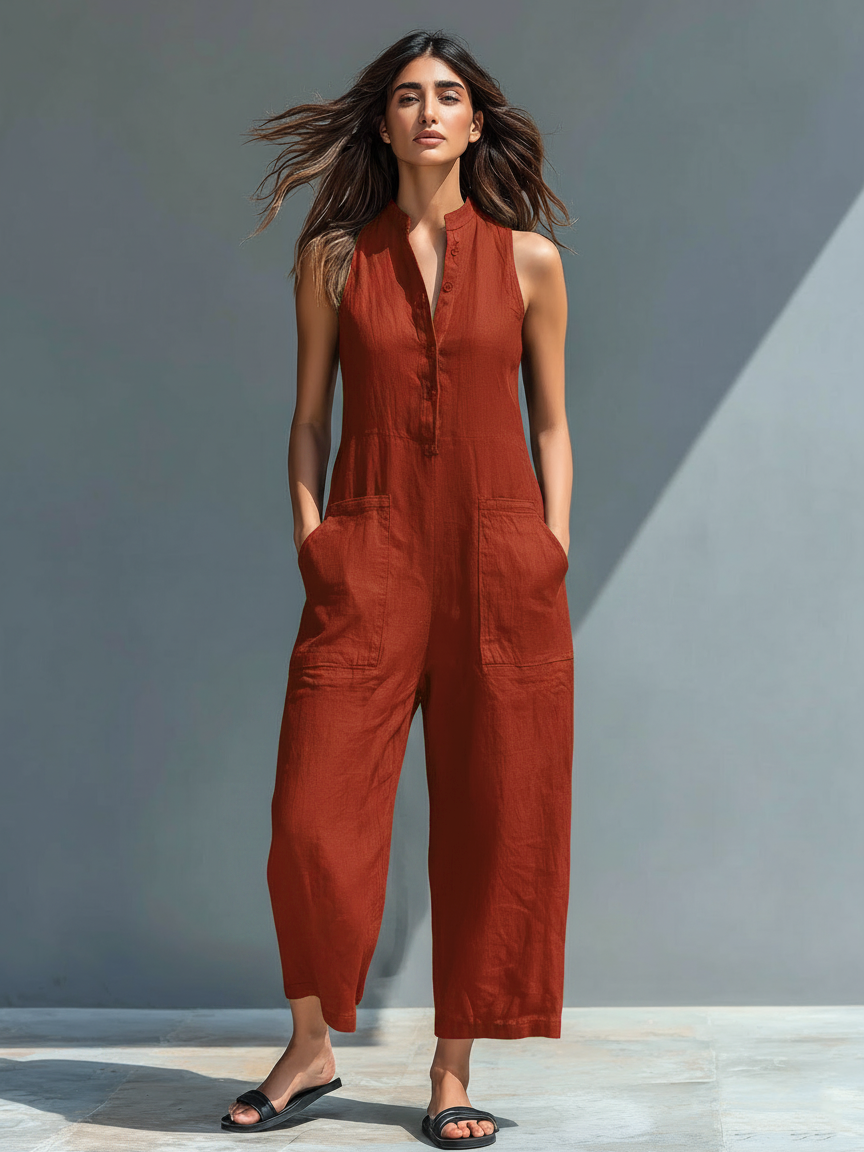 Ensemble femme minimaliste en lin avec boutons, col rigide, sans manches, ample MDZ2725A5Y