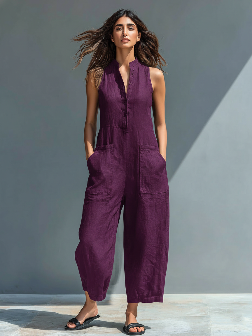 Ensemble femme minimaliste en lin avec boutons, col rigide, sans manches, ample MDZ2725A5Y