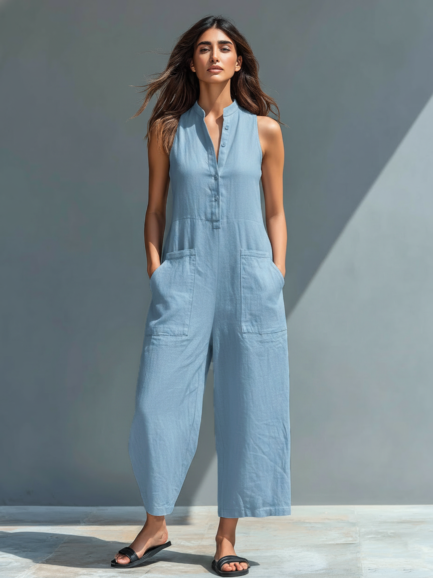 Veste minimaliste pour femmes en lin avec boutons, col montant, sans manches, coupe large