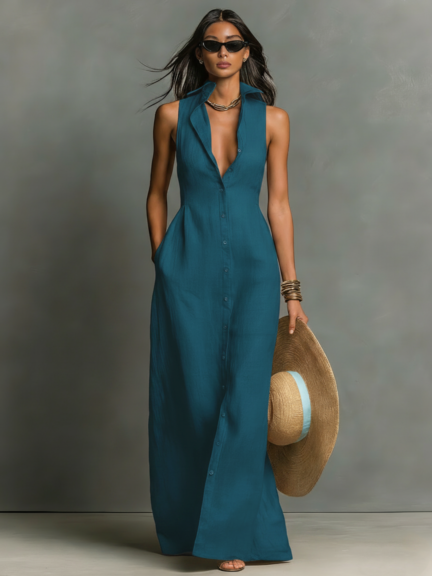 Robes maxi sans manches avec col de style minimaliste pour femmes MDZ1011C0Y