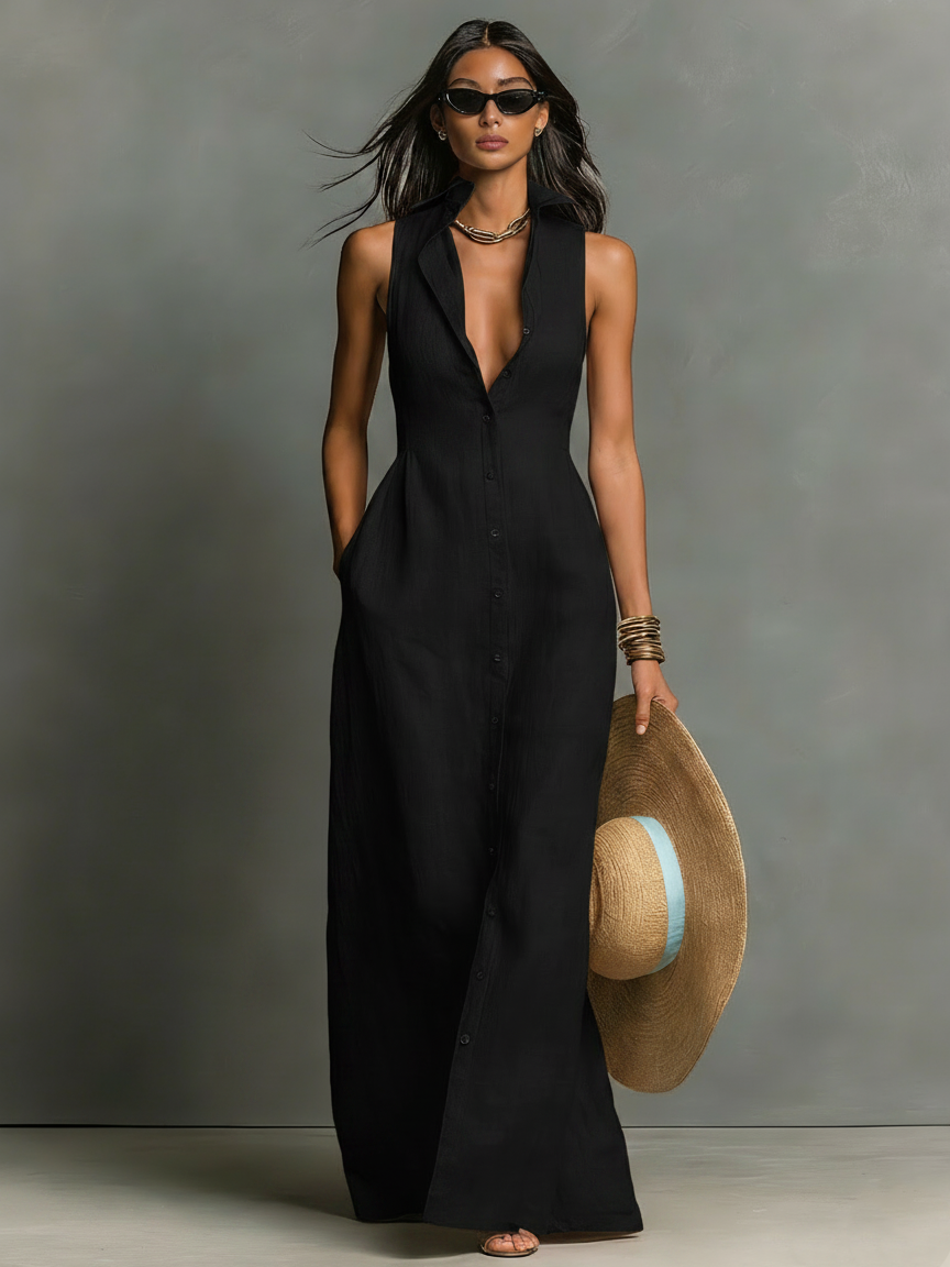 Robes maxi sans manches avec col de style minimaliste pour femmes MDZ1011C0Y