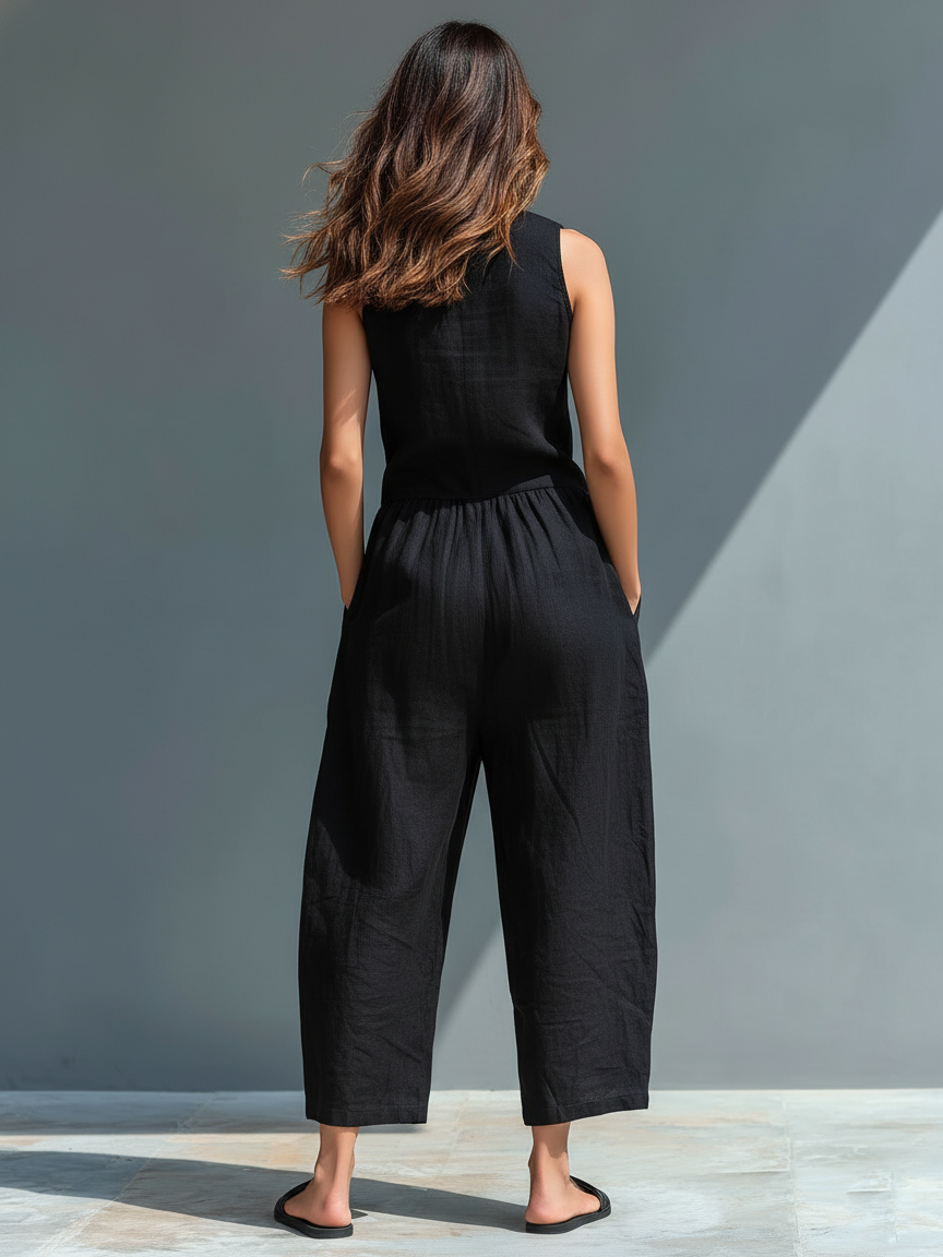 Ensemble femme minimaliste en lin avec boutons, col rigide, sans manches, ample MDZ2725A5Y