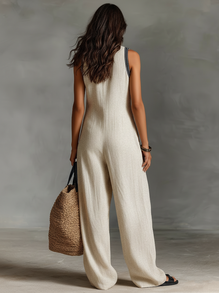 Ensemble en lin minimaliste pour femmes sans manches avec fermeture éclair et col résistant, avec broderie MDZ0627B3Y