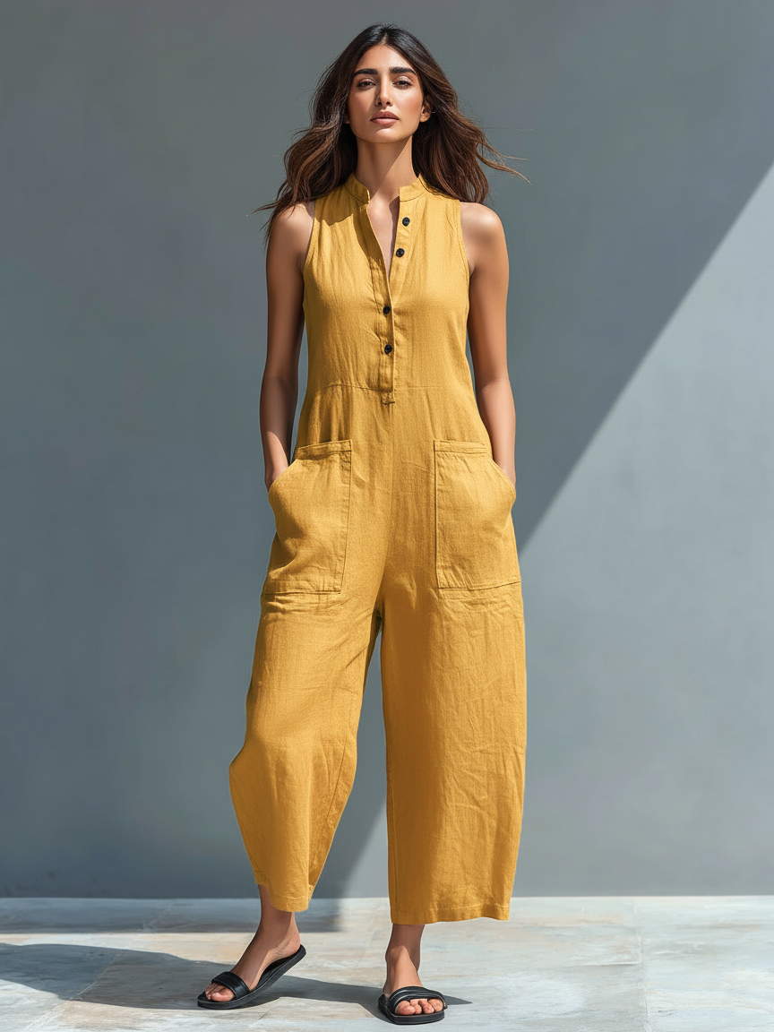 Ensemble femme minimaliste en lin avec boutons, col rigide, sans manches, ample MDZ2725A5Y
