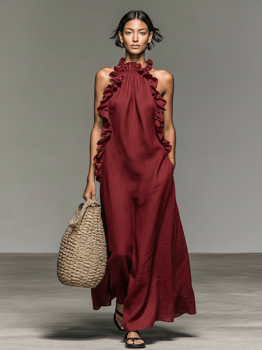 Robes maxi sans manches en lin minimaliste avec des détails en dentelle