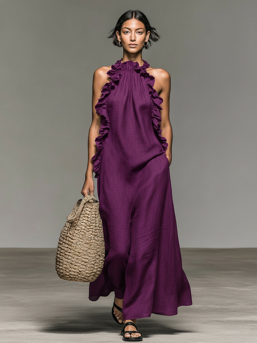 Robes maxi sans manches en lin minimaliste avec des détails en dentelle