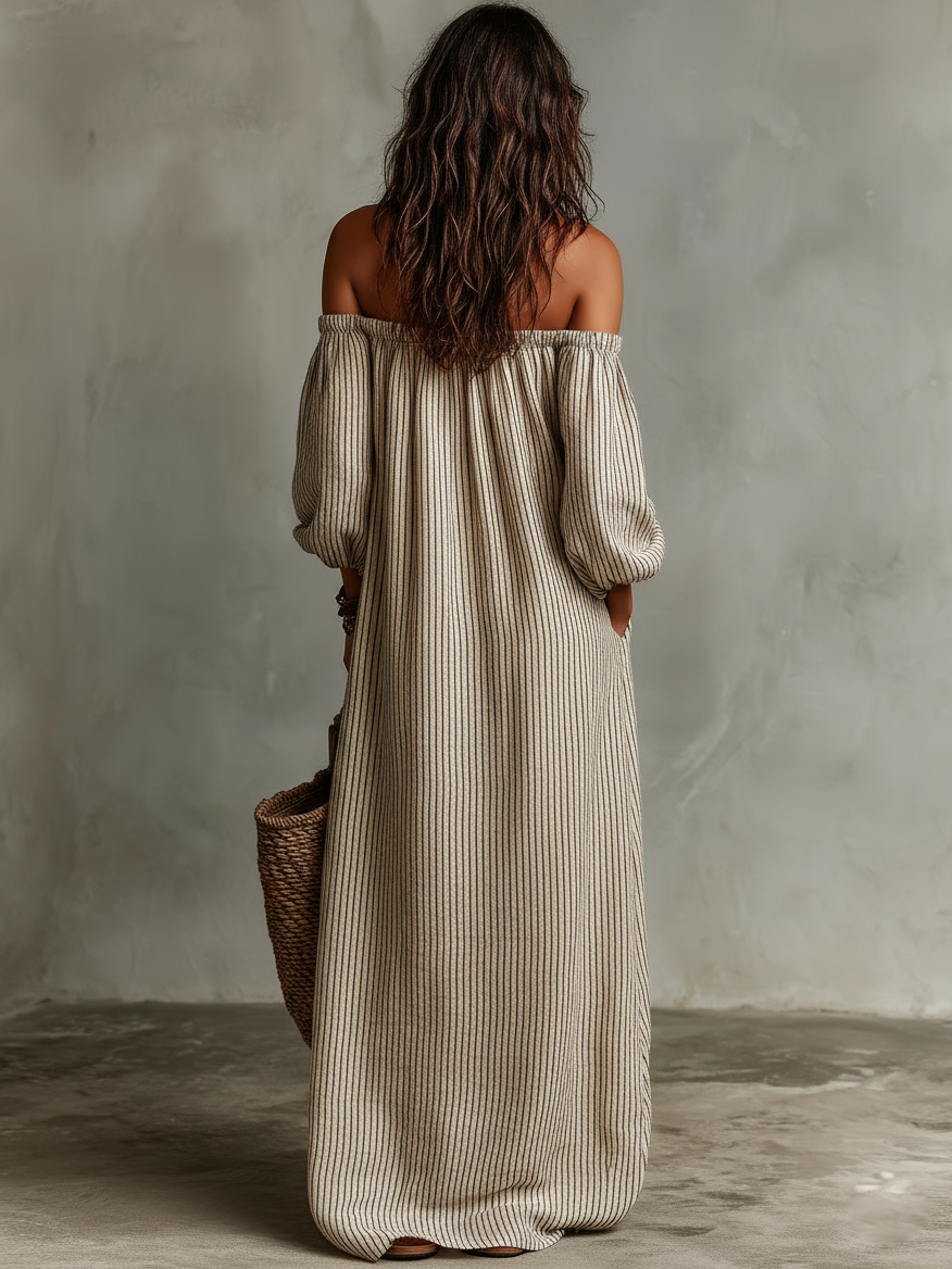Robe maxi longue avec manches longues et épaule dénudée pour femmes en tissu coton-lin MDZ0481B5Y