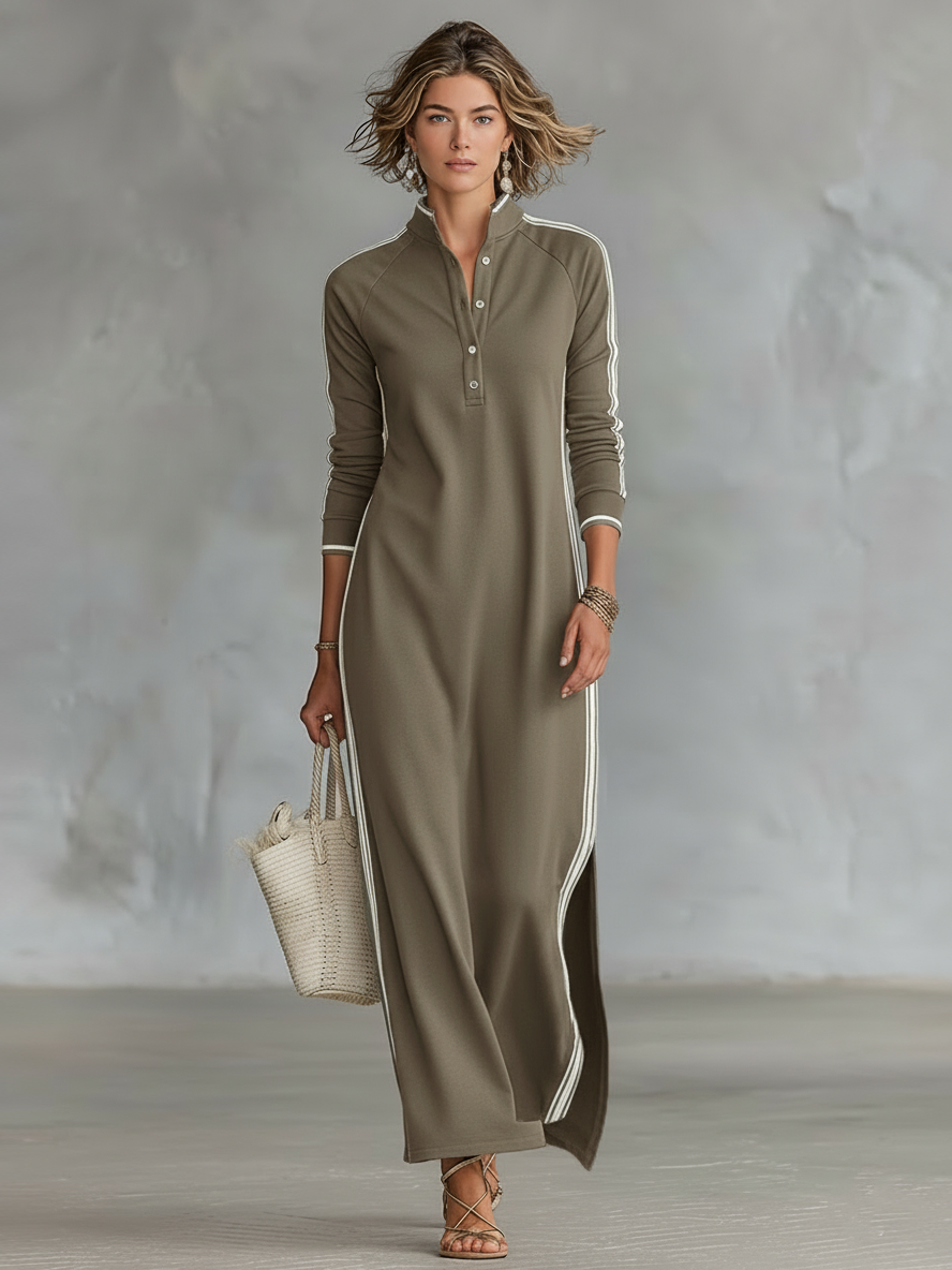 Robe maxi pour femmes avec col à boutons dans un style minimaliste avec des bords blancs