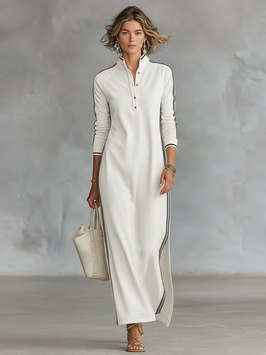 Robe maxi pour femmes avec col à boutons dans un style minimaliste avec des bords blancs