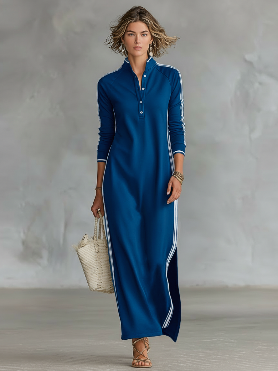 Robe maxi pour femmes avec col à boutons dans un style minimaliste avec des bords blancs