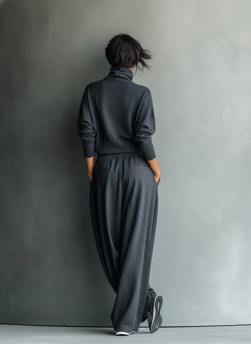 Ensemble haut ample avec col roulé et pantalon large pour femmes en tissu tricoté couleur anthracite MDA2435L7T