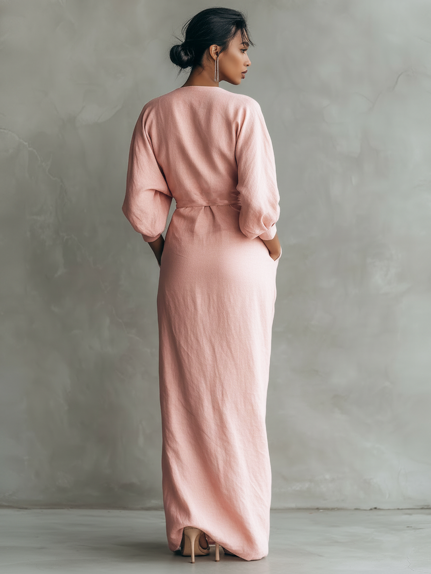 Robe maxi pour femmes en rose minimaliste avec col en V MDA1655L0Y