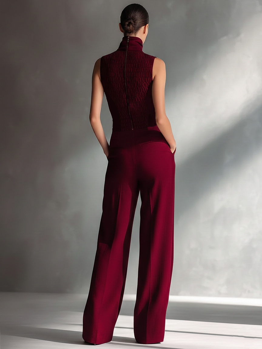 Combinaison femme unie en tissu coton-lin bourgogne sans manches avec col haut et jambes larges MDA2292L5AU
