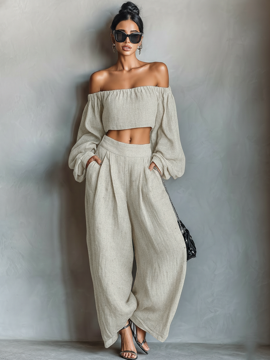 Body pour femmes en lin minimaliste sans manches avec pantalons larges MDA1900L7Y