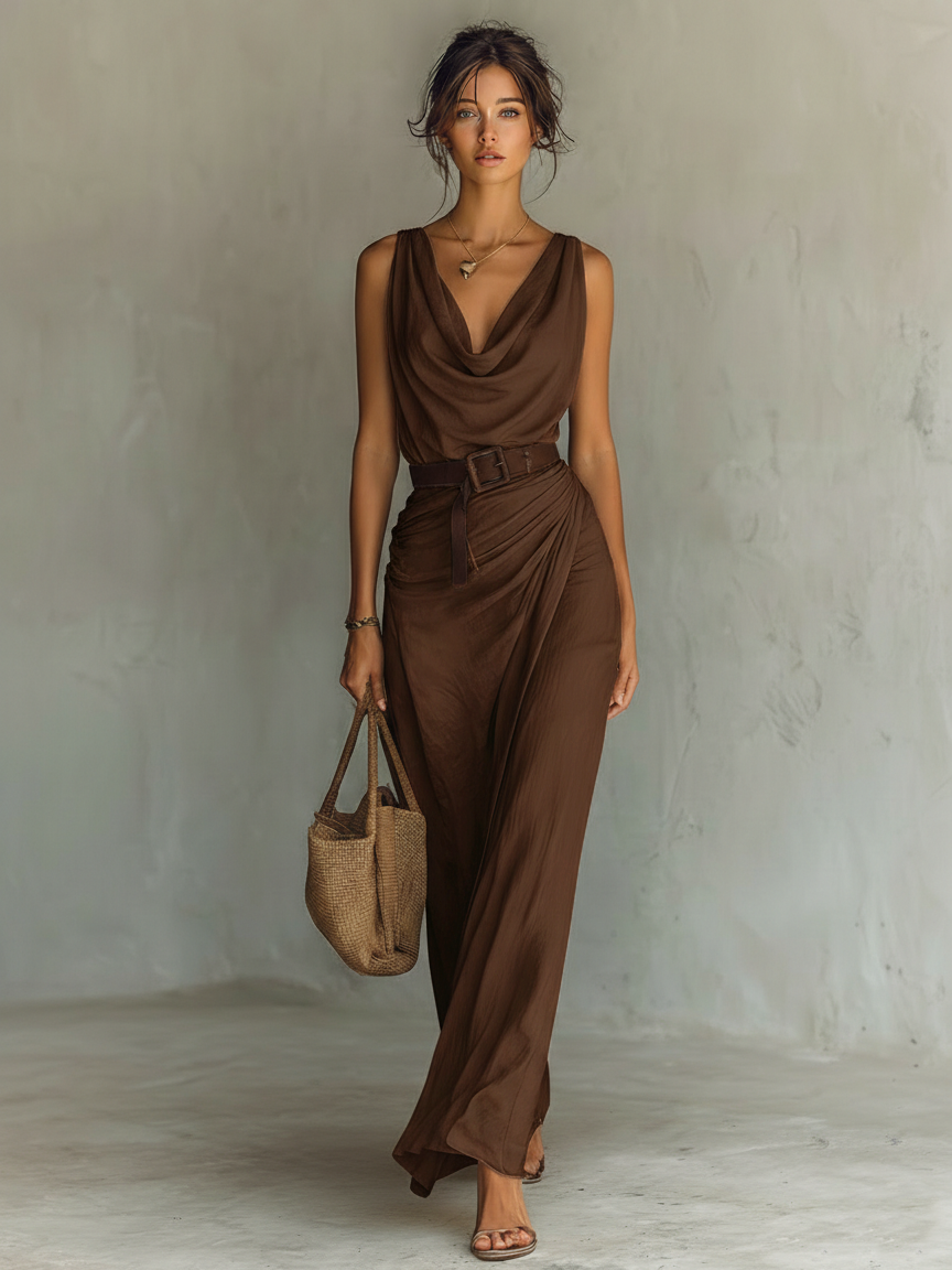 Robe maxi pour femmes avec col minimaliste sans manches avec ceinture MDZ1262A0Y